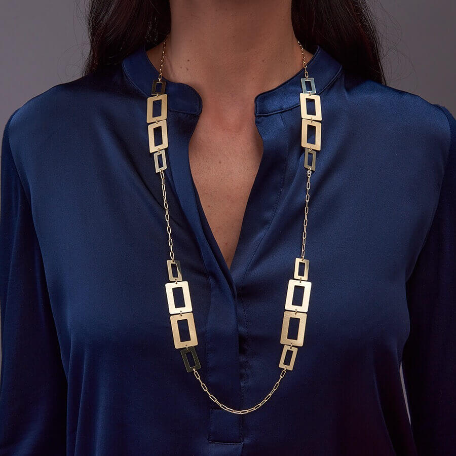 Maxi collana lunga Vintage Trendy con catena e rettangoli tagliati su foglio d'argento-4731